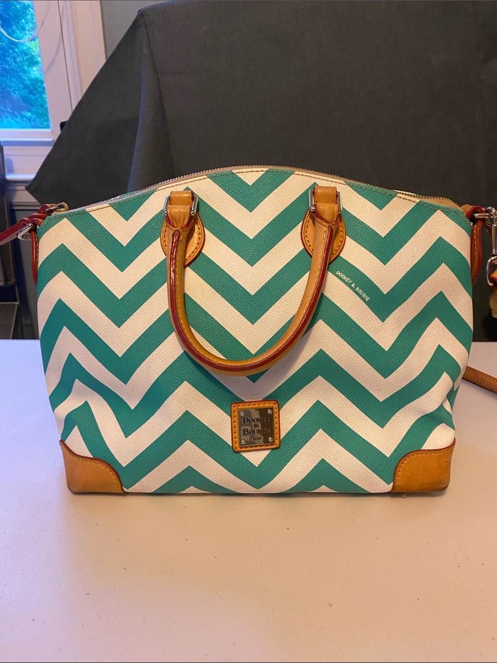 Dooney & Bourke Teal Chevron Satchel with Tan Trim